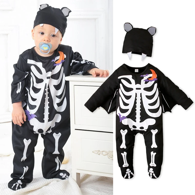 

2Pcs Baby Halloween Outfit Skeleton Print Batwing Sleeve Footed Romper + Hat for Toddler Girls Boys 3-24 Months