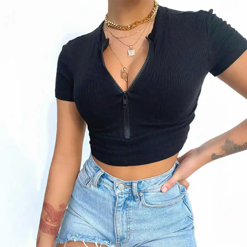 

2021 Summer Women Solid Color Top Zipper Bodice Street Fashion Bodycon Crop Top Temperament Elegance T-shirt