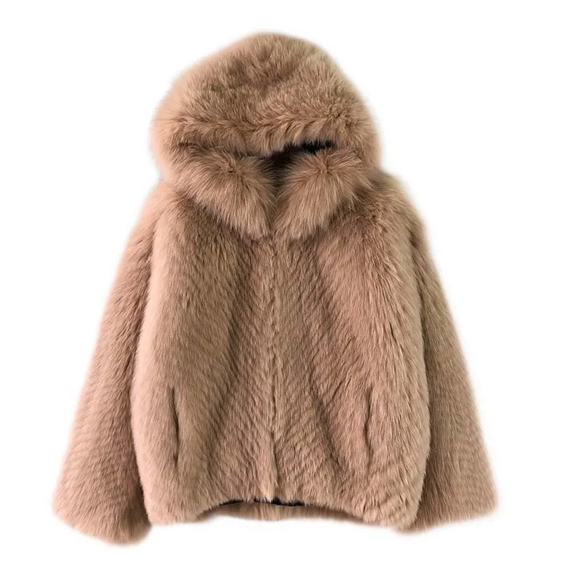 

BFFUR Real Fur Coat Women Fashion Fox Fur Hooded Short Simple Stripe 2020 New Winter Jacket Ladies High Quality Big Fur Collar