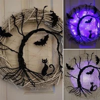 37cm happy halloween wreath with led light up black bat cat wreath pendant halloween wreath decoration for home party supplies