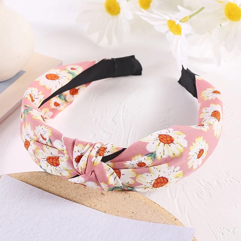 

2021 Lady Flower Hair Hoop Knot Turban Sun flower Headband Elastic printing Hair Accessories for Women Hair Band