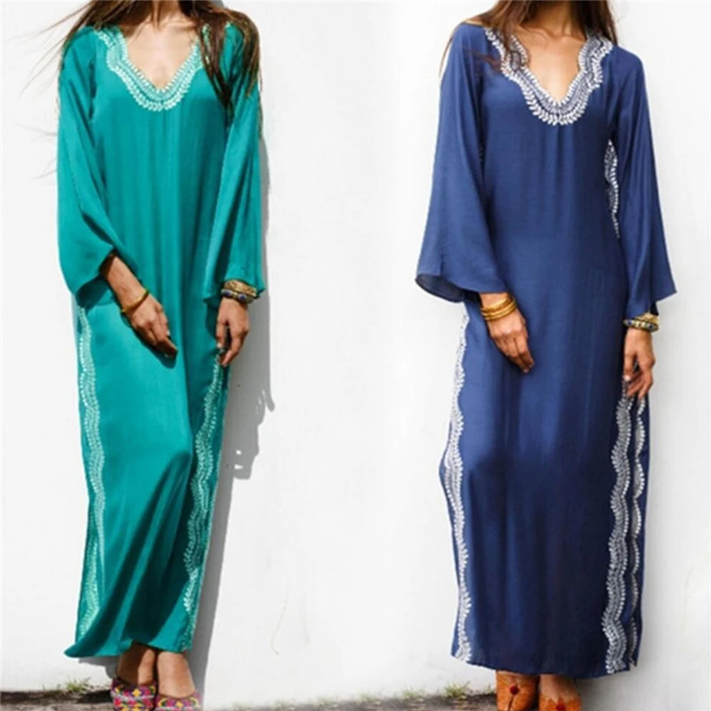 

Embroidery Cotton Beach Cover Up Women Beachwear Tunic V-Neck Turkish Kaftans Long Swimsuit Cover Up Caftan Beach Dress