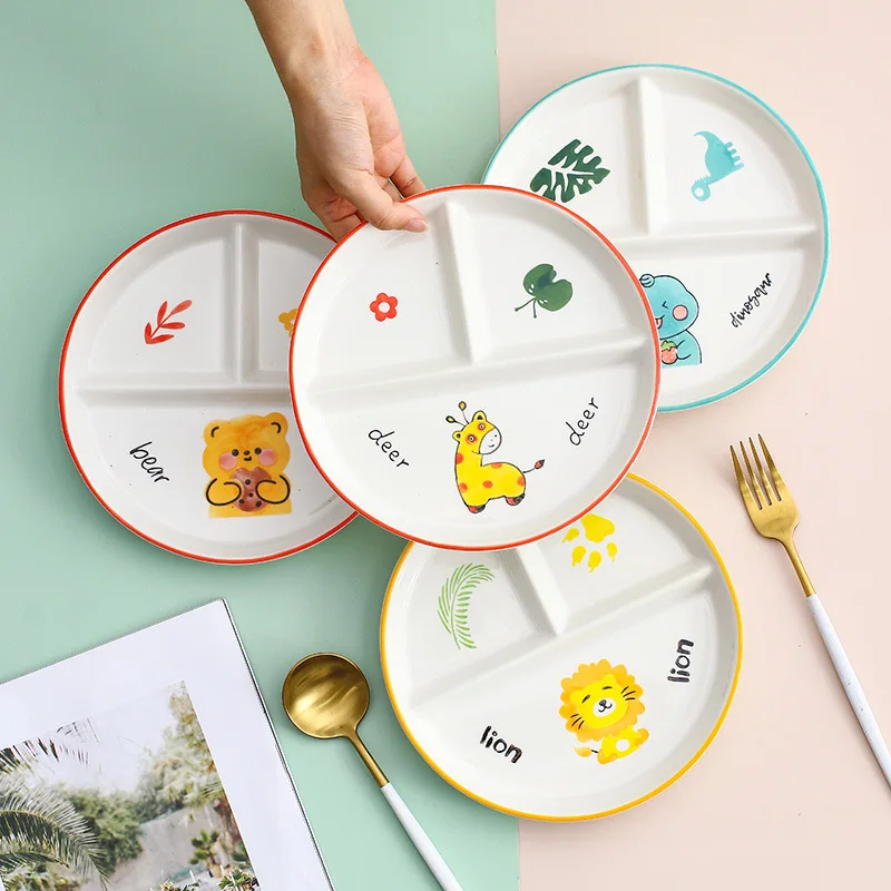 Children's Tableware Cartoon Ceramic Grid Plate for One Person Breakfast Plate Divider Plate Ceramic Dish Serving Platter