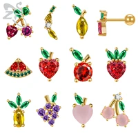 zs 1pair cherry strawberry studs earring for women girls gold color ear stud stainless steel tragus helix cartilage piercing 18g