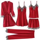 Шелковый халат, костюм для сна, Женская кружевная атласная пижама, комплект с V-образным вырезом, ночная сорочка, 5 шт., Пижама, Женская Осенняя ночная рубашка