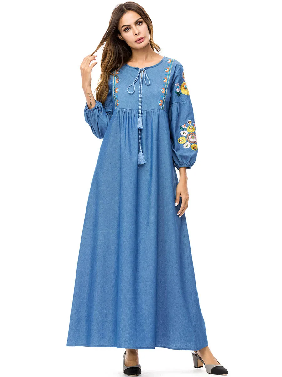 Muslim Robes Autumn Kaftan Gown Fashion Simple New Embroidered A Word Denim Skirt Loose Casual Dress | Тематическая одежда и