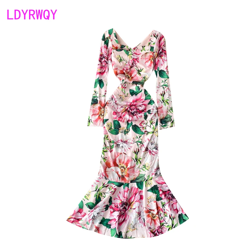 

LDYRWQY Spring 2021 new socialite temperament centrifuge drape slim woman taste fishtail dress