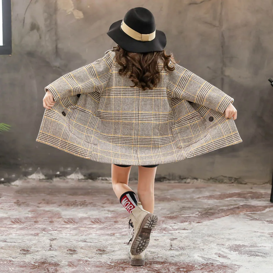 Пальто для девочек клетчатые пальто с узором детская осенне-зимняя куртка