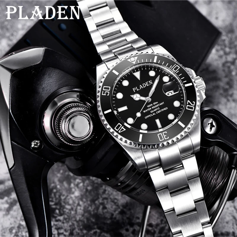 

New PLADEN Business Mens Watches Top Brand Rolexable Black Fashion Full Stainless Steel Quartz Clocks Dive Sport Male Wristwatch