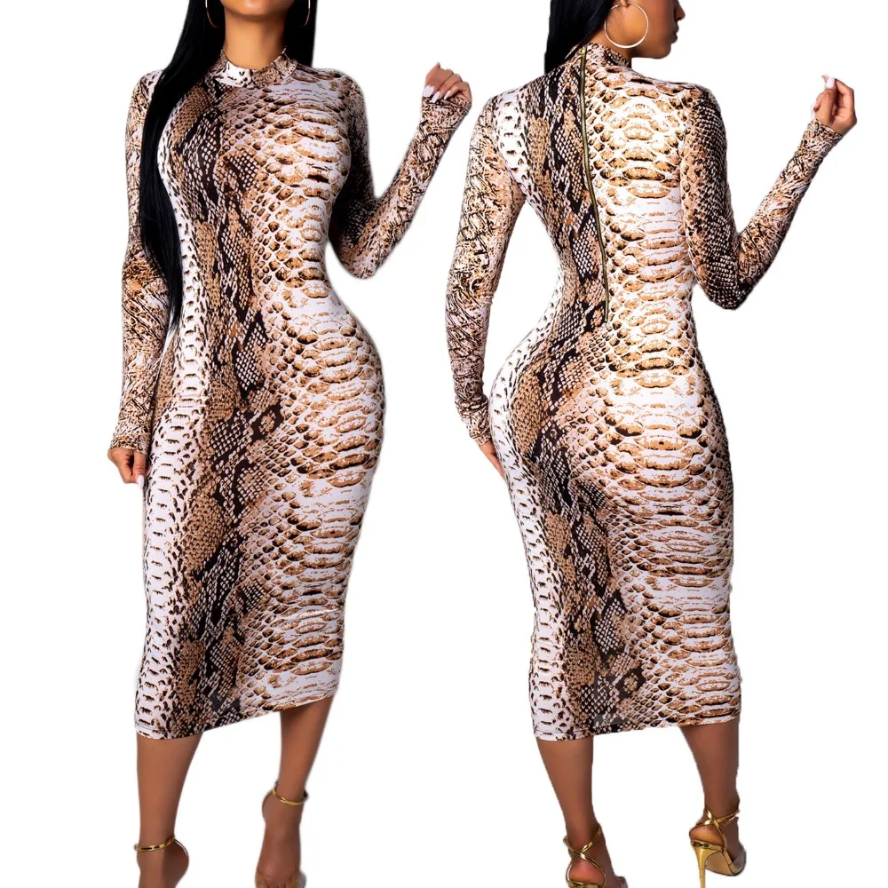 

snakeskin print midi dress 2021 Autumm Hot fashion sexy women bodycon dress long sleeve ladies sexy club wear