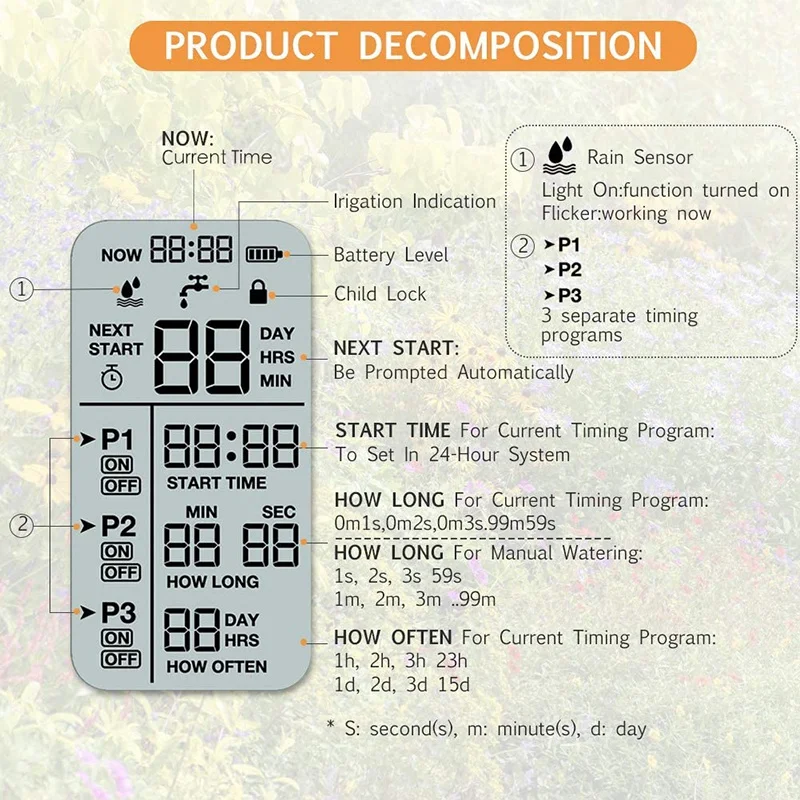 

Programmable Hose Watering Timer, Digital Irrigation Timer, IP65 Waterproof Automatic Sprinkler Timer for Garden Lawn