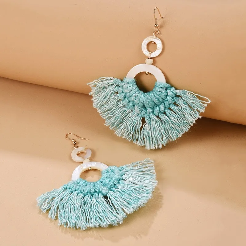 Ракушка серьги плетением макраме ручной работы богемная бахрома висячие яркий