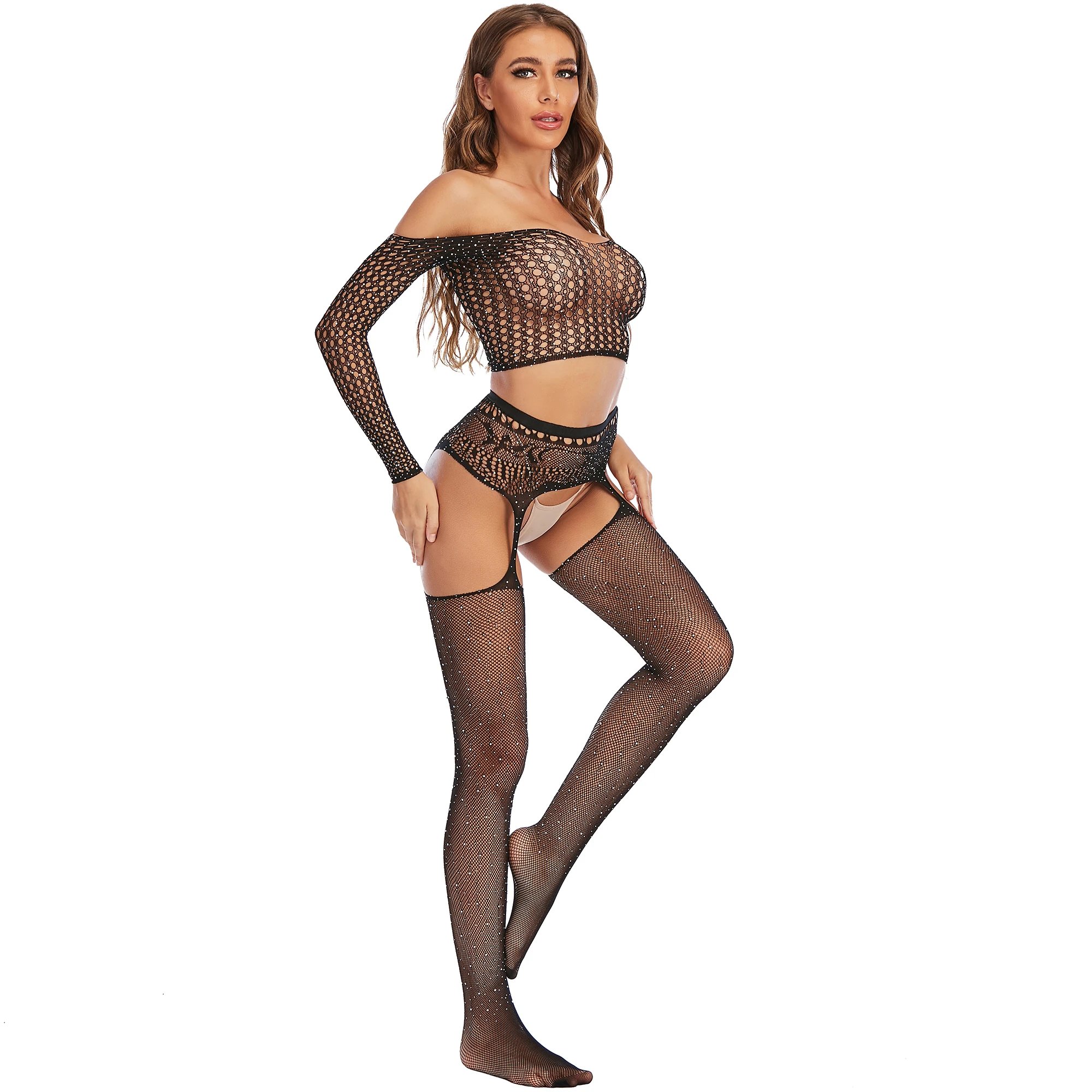 

sexy lingerie underwear fishnet long sleeve Sequin Rhinestone crystal off shoulder top pantyhose 2 piece suit bodystocking