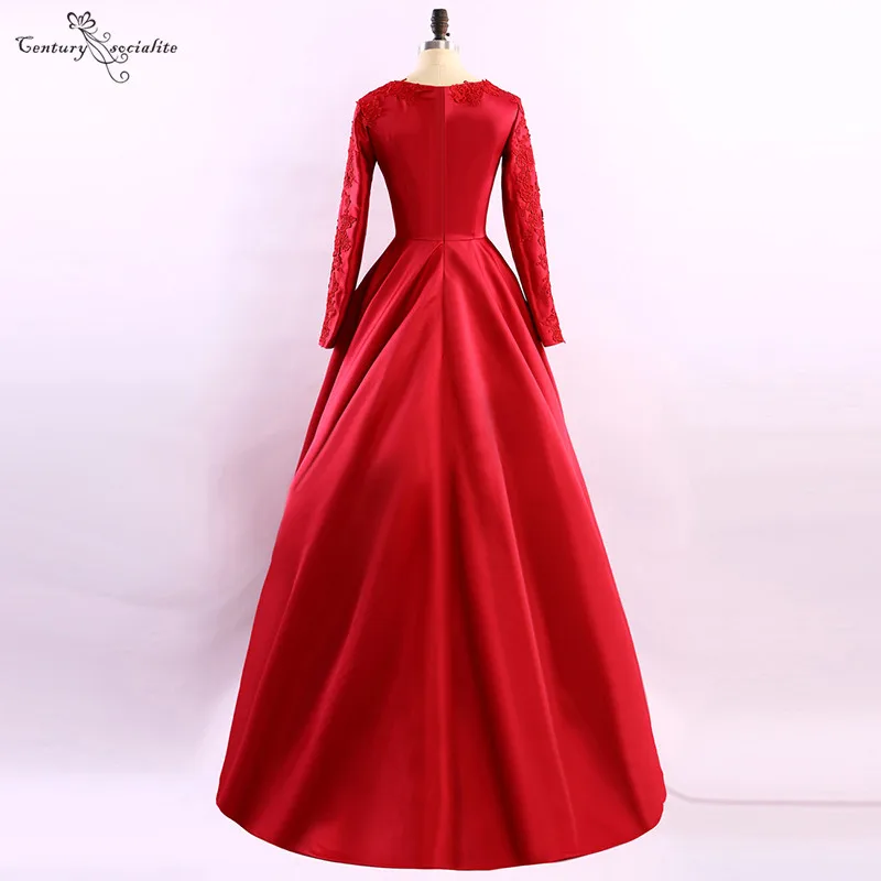 

Red Muslim Evening Dresses Long Sleeves Lace Appliques A-Line Satin Party Dress Prom Formal Gowns Vestido De Festa