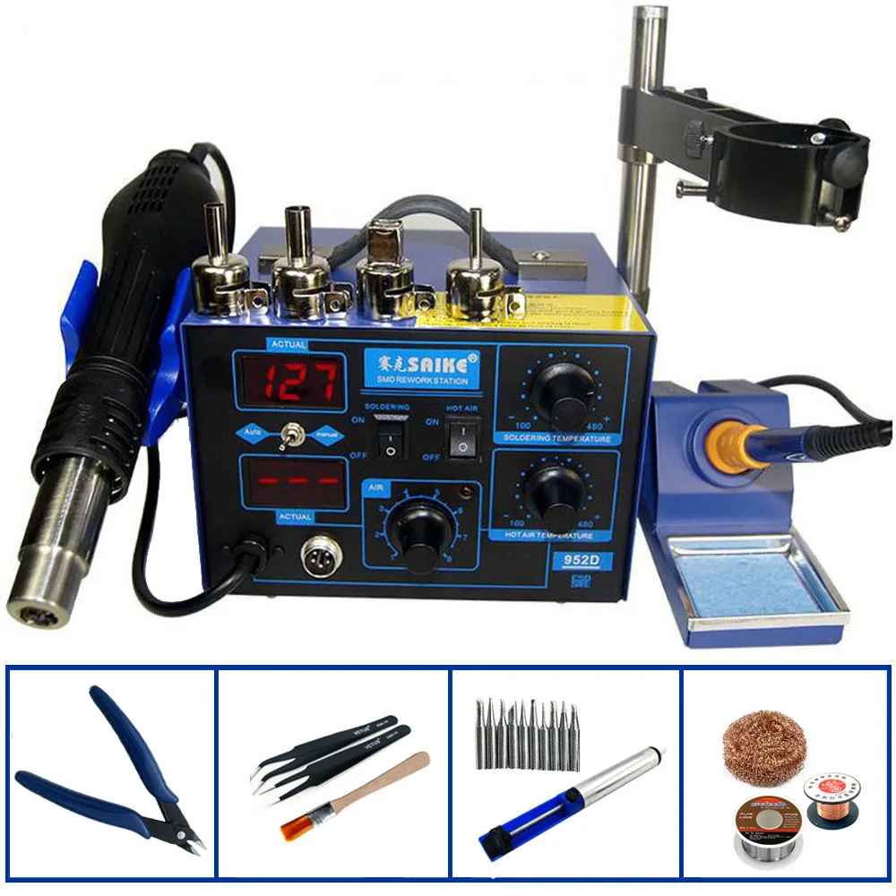 Saike 952D 2In1 Solder Rework Station Hot Air Gun+ Electricity Soldering Iron Constant Temperature BGA Rework Station Welding