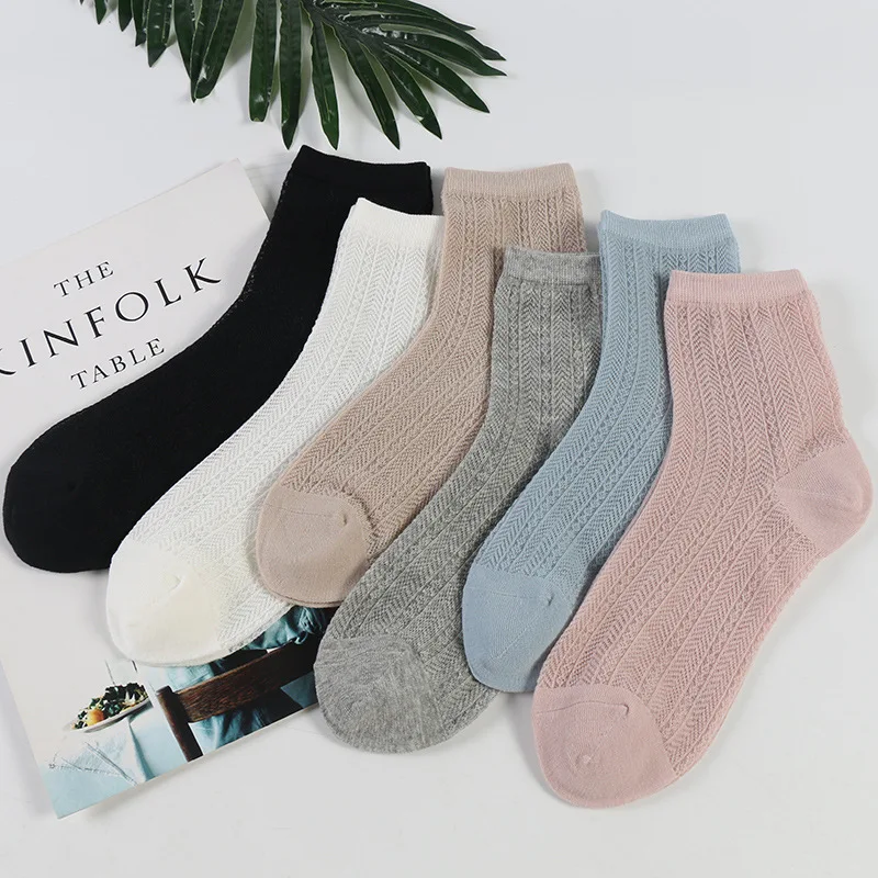 5 Packs Women Hollow Out Breathable Striped Socks Female Tube Meias Korean Japanese Sweet Solid Color Cotton Calcetines Mujer