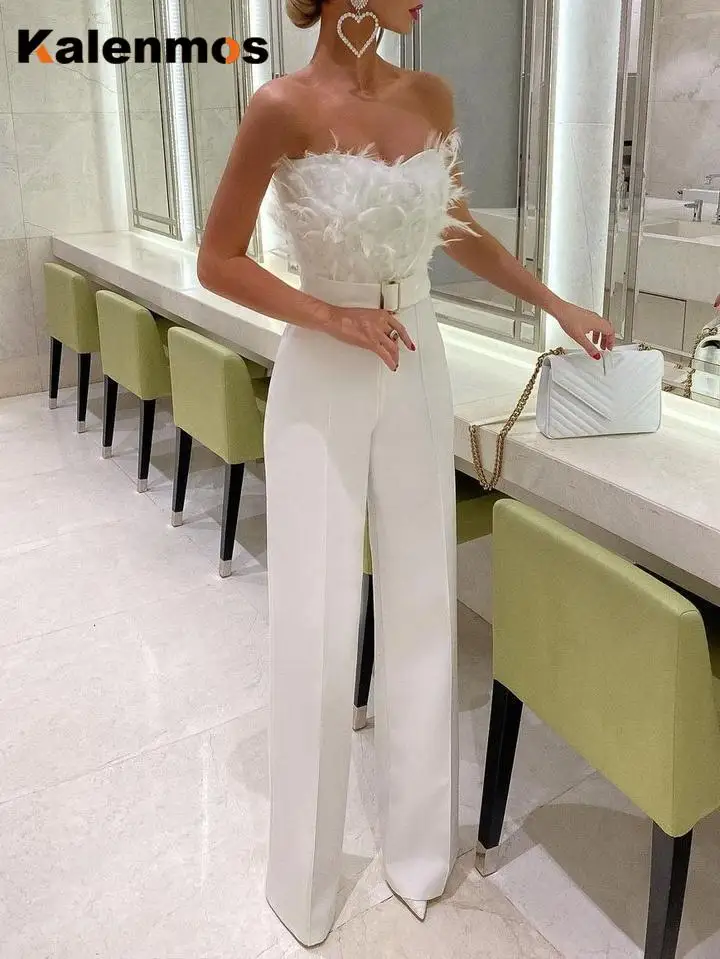 Bodysuit Women Jumpsuit Elegant Long Strapless Slash Neck Feather Tube Top Sexy Fashion Party Night Evening Summer |