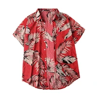 2021 new fashion men shirt lapel leaf print lightweight short sleeve buttons hawaiian shirt for club