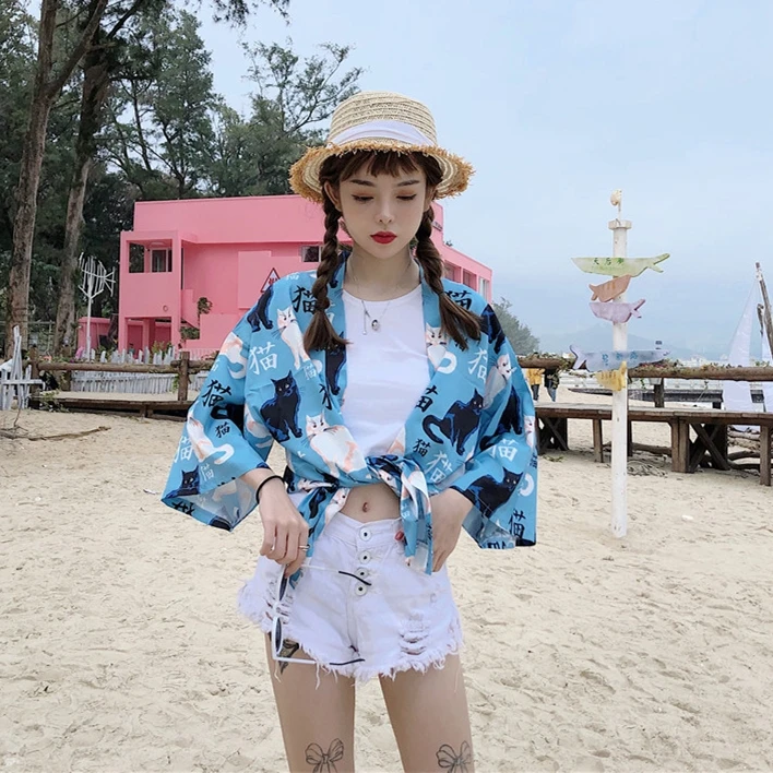 Женское летнее кимоно Свободный кардиган в японском стиле с изображением кота