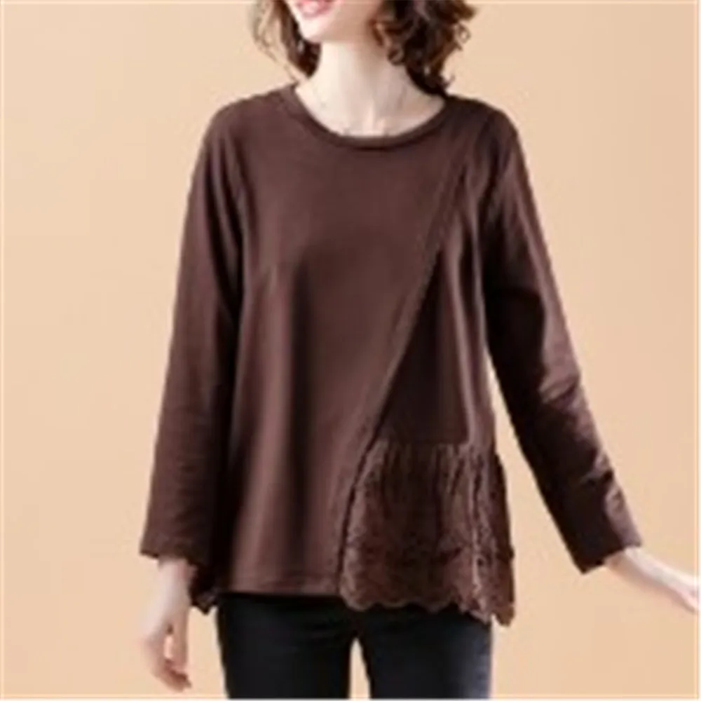 

M-4XL FashionAble Plus Size Women Clothing Lace Patchwork Pullover T-Shirts Basic Ladies Tops Camisa Mujer Autumn Full Shirt