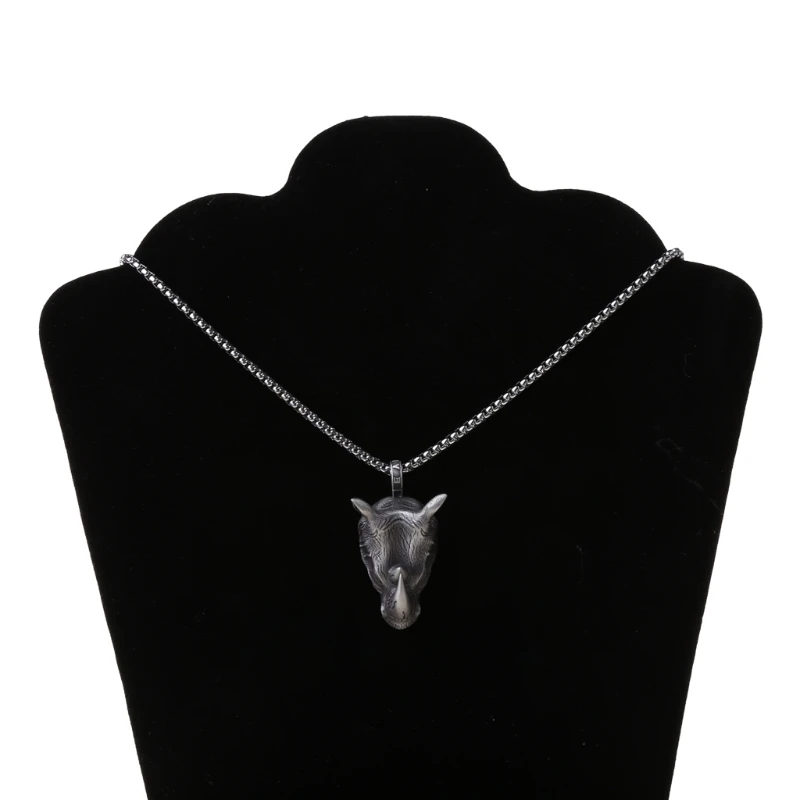 

Vintage Norse Rhinoceros Pendant Necklace Punk Rock Animal Rhino Head Pendant