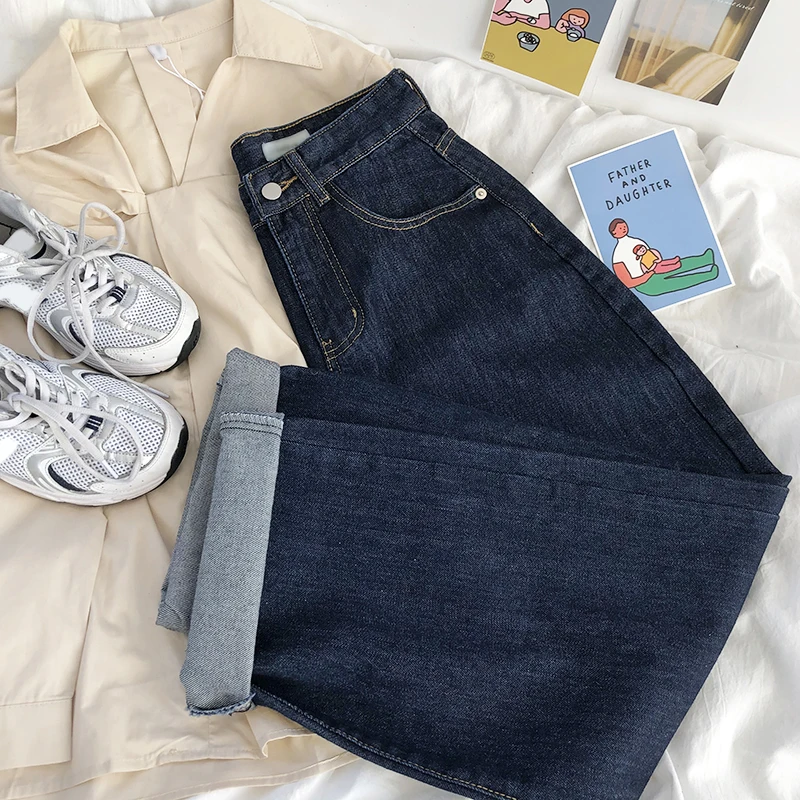 

Джинсы Mom с высокой талией, корейские Ретро-джинсы темно-синего цвета с эффектом потертости, свободные брюки с широкими штанинами, брюки-бой...