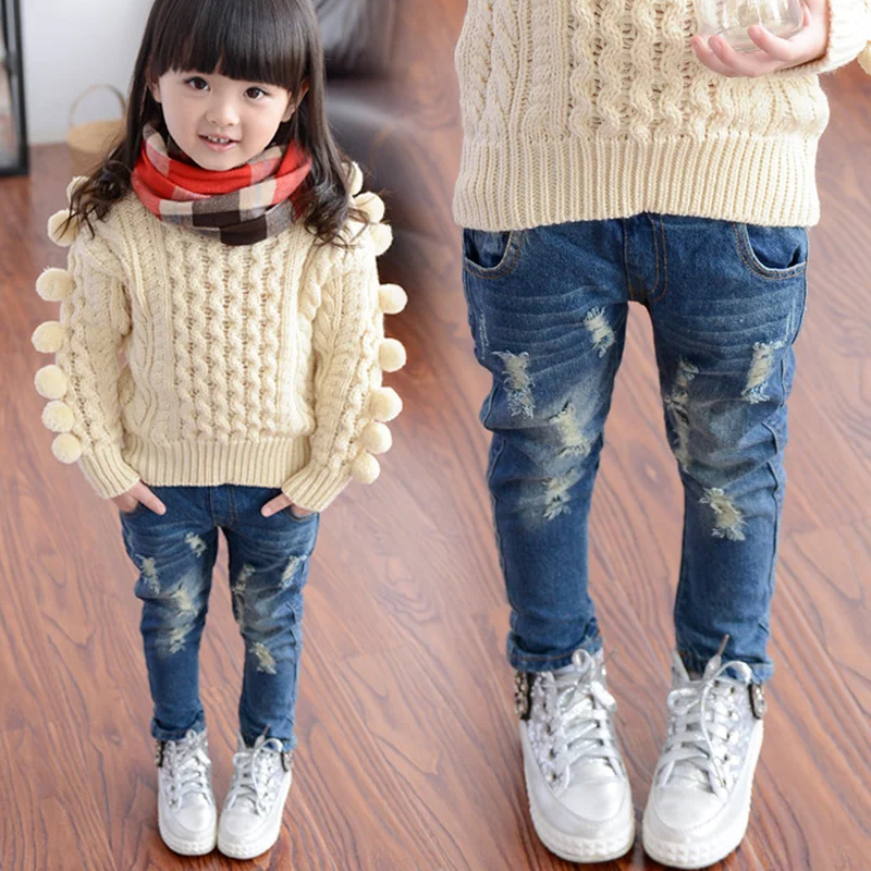 

Girls' Jeans Spring and Autumn New Hole Children's Babies Make Old Pants Tide Korean Jeans Ripped Kids 2-5 6 7 8 9 10 11 12 Ages