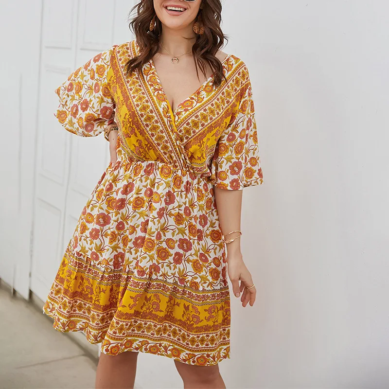 

Plus Size Ladies Dress Europe And America Print Dress V-neck Skirt Summer Clothes For Women