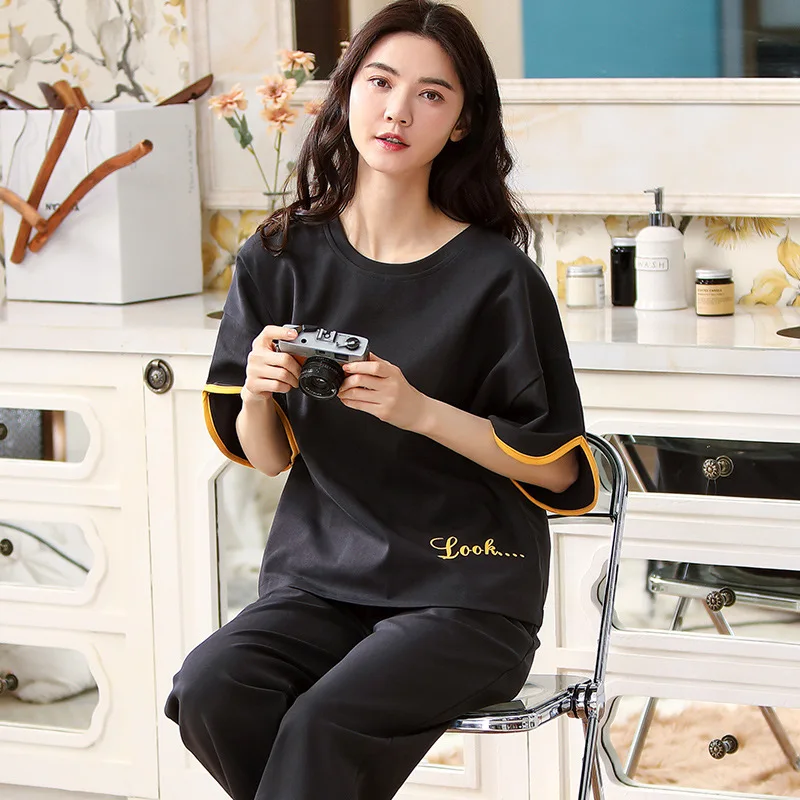 New Women's Pajamas Set Short Sleeve Trousers Nightgown Spring Summer Cotton Nightwear Leisure Home Wear Plus Size Sleepwear