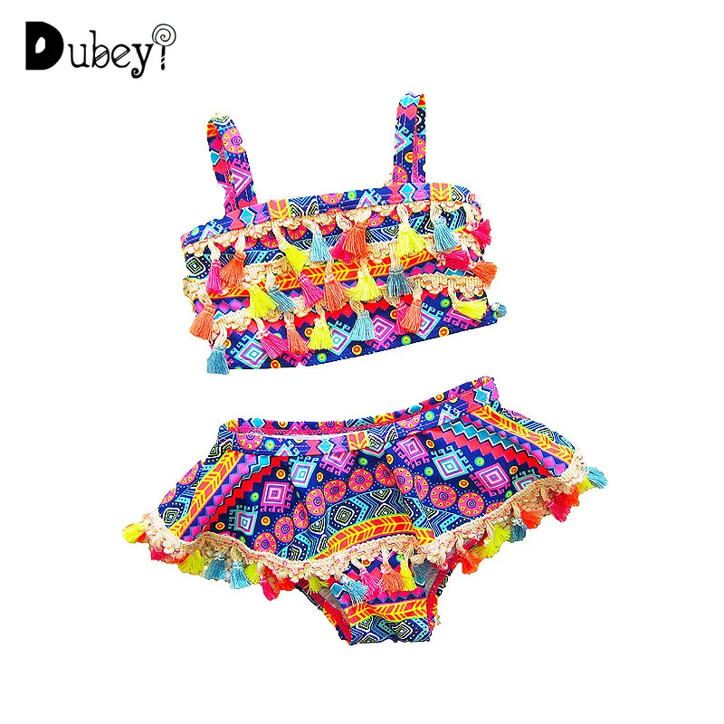 Купальник для девочек 2 8 лет комплект плавания бикини с бахромой и подтяжками