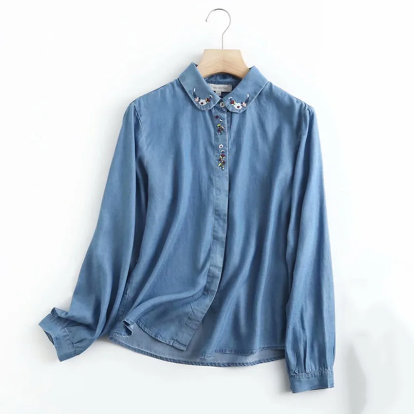 

Women Casual Denim Shirt 2021 Spring Autumn Soft Cotton Shirts Jeans Floral Embroidery Vintage Blouse Tops Blusa Feminina