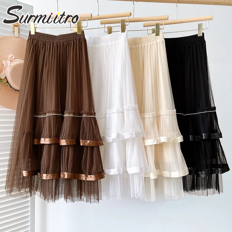 

SURMIITRO 2022 тренд летняя корейская мода с оборками женская элегантная Эстетическая миди длинная фатиновая с высокой талией трапециевидная пли...