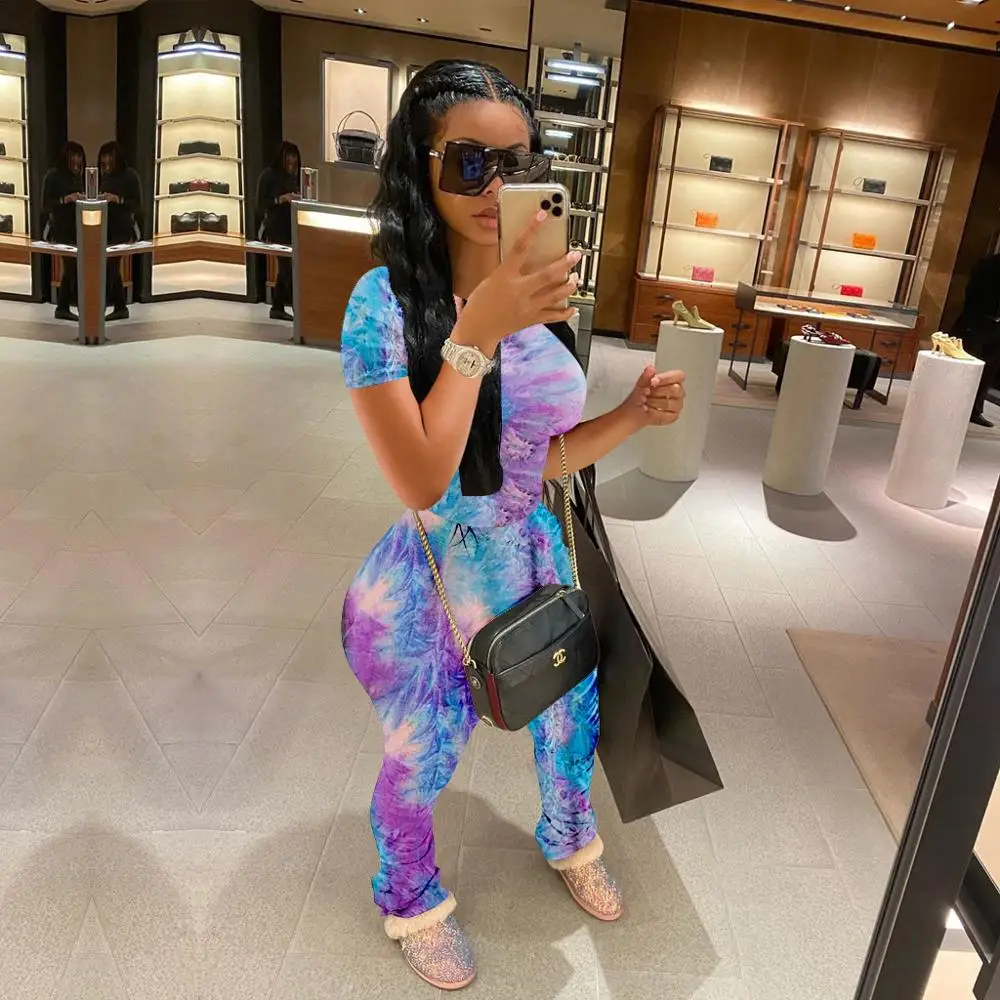 Wjustforu Ladies Summer Casual Fashion Tie Dye Stacking Suit Two Piece set Pullover T-Shirt + Sexy Pleated Slim Pants Female |