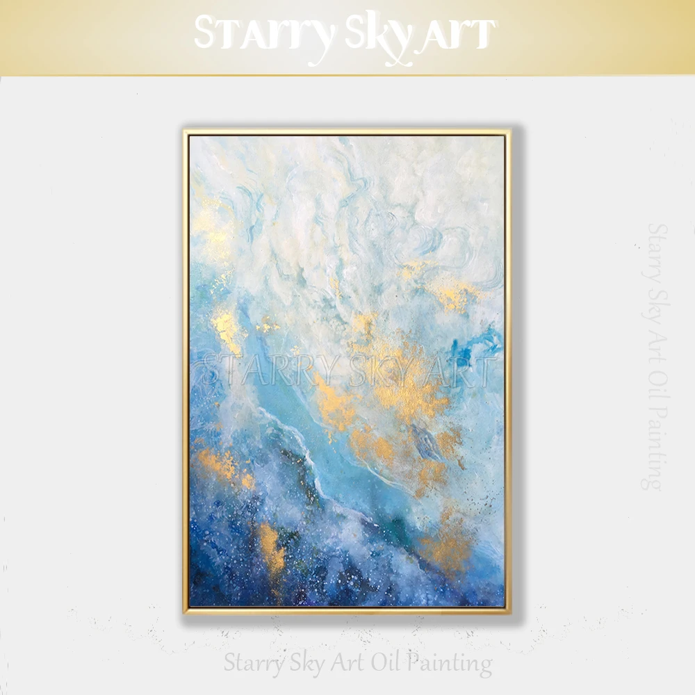 

High Skilled Artist Hand-painted Abstract Blue and White and Gold Oil Painting on Canvas Rich Colors White and Blue Oil Painting
