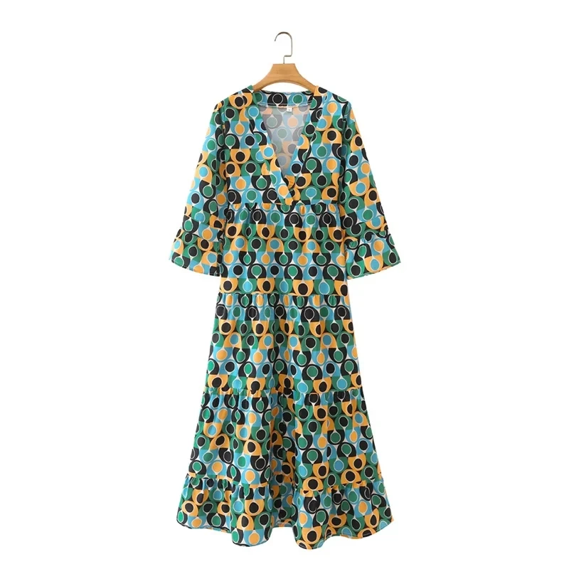 

Hot Sale Women Polka Dot Print V Neck Midi Dress Female Three Quarter Sleeve Clothes Casual Lady Loose Vestido D8325