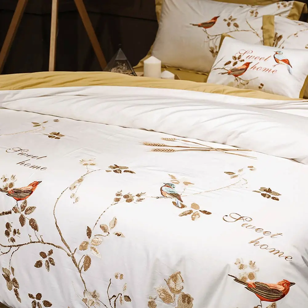 

Papa&Mima Floral Birds Chinese Nordic Egyptian Cotton Bedding Sets Queen King Size Embroidery Duvet Cover Set Sheets Bedlinen
