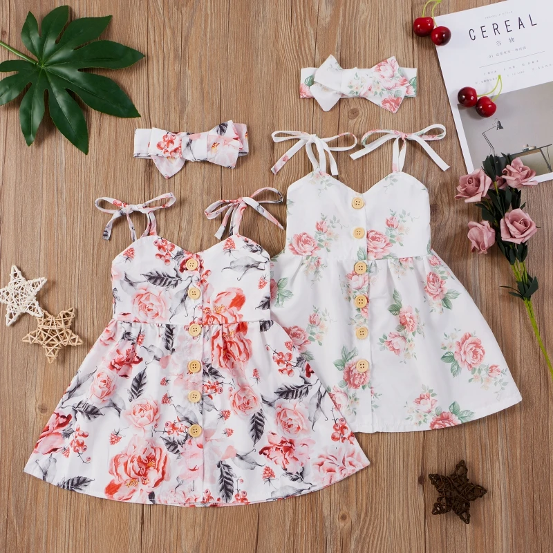 

Summer Baby Kids Girl Dress Newborn Toddler Girls Cute Sling Floral Print Casual Beach Dresses with Headbands 6M-4Y