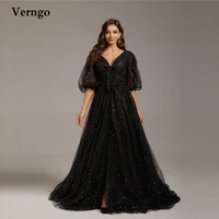 verngo black tulle stars long prom dresses puff half sleeves v neck front slit plus size women evening gowns in stock 2022