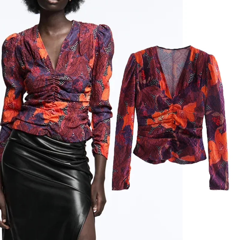 

Za Women Casual Pleated Tops Shirts Floral Printed Short Slim Blouse T-Shirt Long Sleeve Female Spring Autumn Outwear Shirt