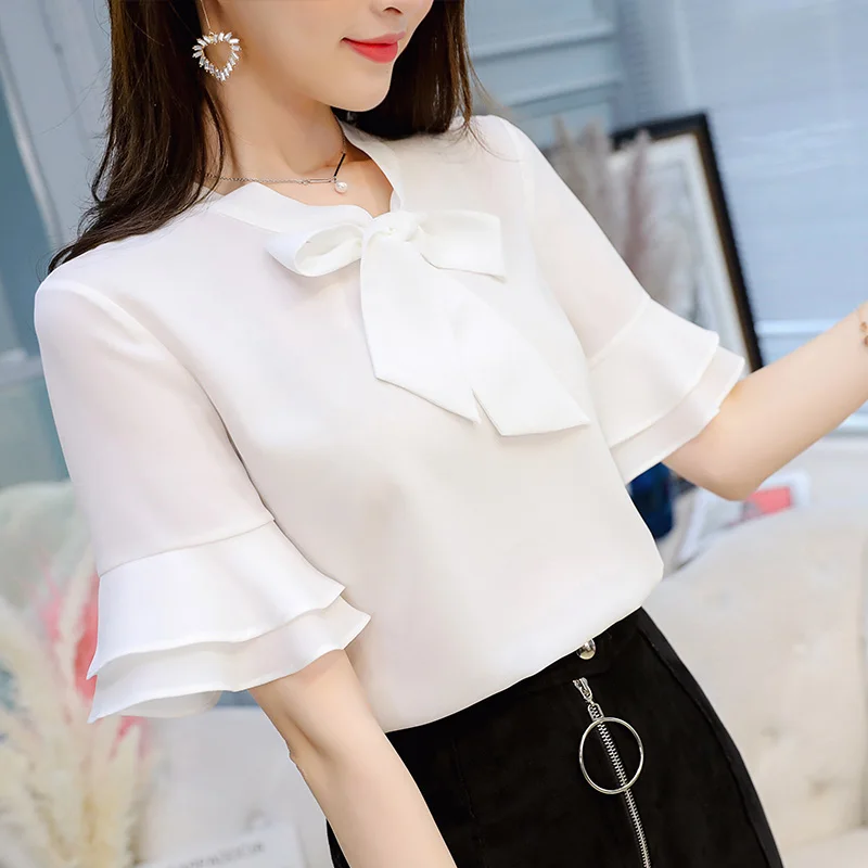 

Shirts Women Slim Short Sleeve Casual Chiffon Korean Style All-match Womens Clothing Solid Color High Quality Comfortable Summer
