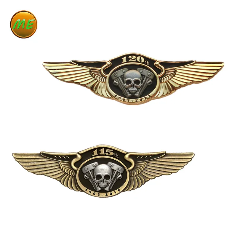 

Punk Brass Badges 115Anniversary Skull with Two Wings Motorcycle Metal Medal Cap Badge Brooches For Clothes Vest Bag Hat Pin
