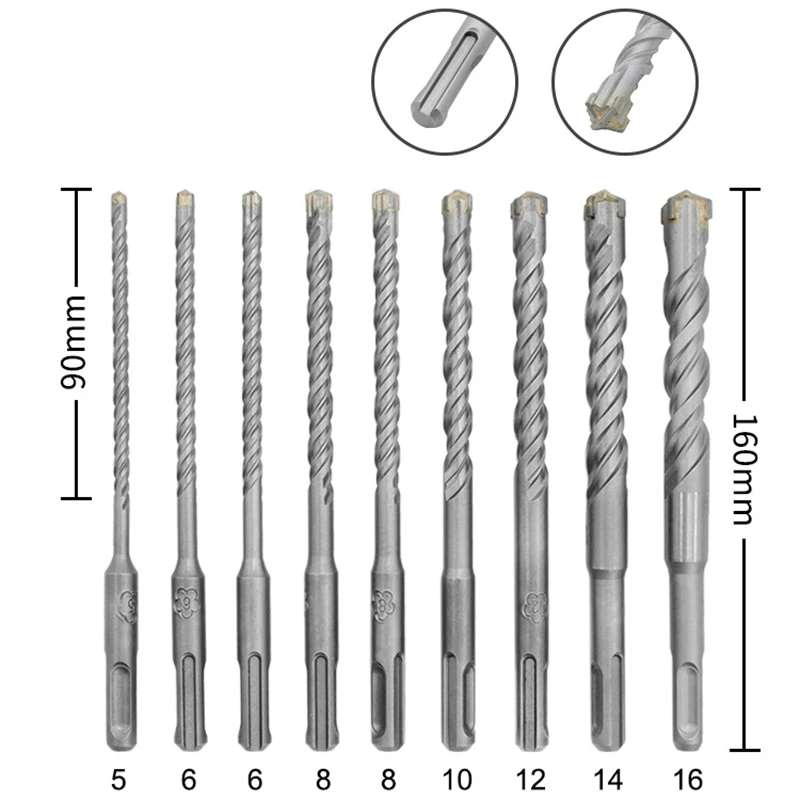 

GTBL 9Pcs/Set 160Mm Concrete Drill Bit Double Sds Plus Slot Masonry Hammer Head Tool High Speed White Steel Wrench for Electric