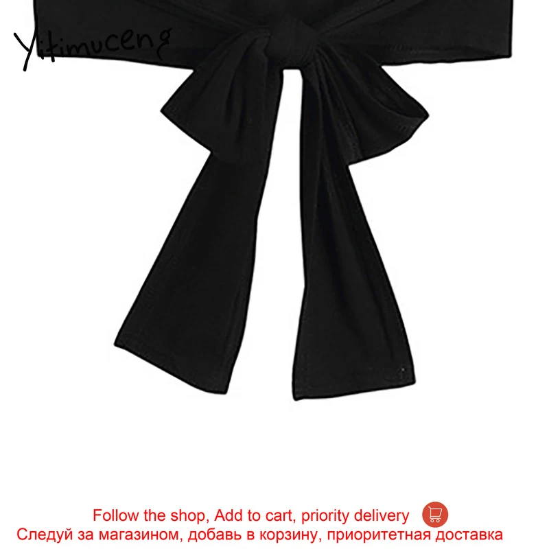 

Yitimuceng Bow Lace UpT Shirts Woman Backless Tees O-Neck Tops Solid Black Blue Clothes 2021 Summer Korean Fashion New Tshirts