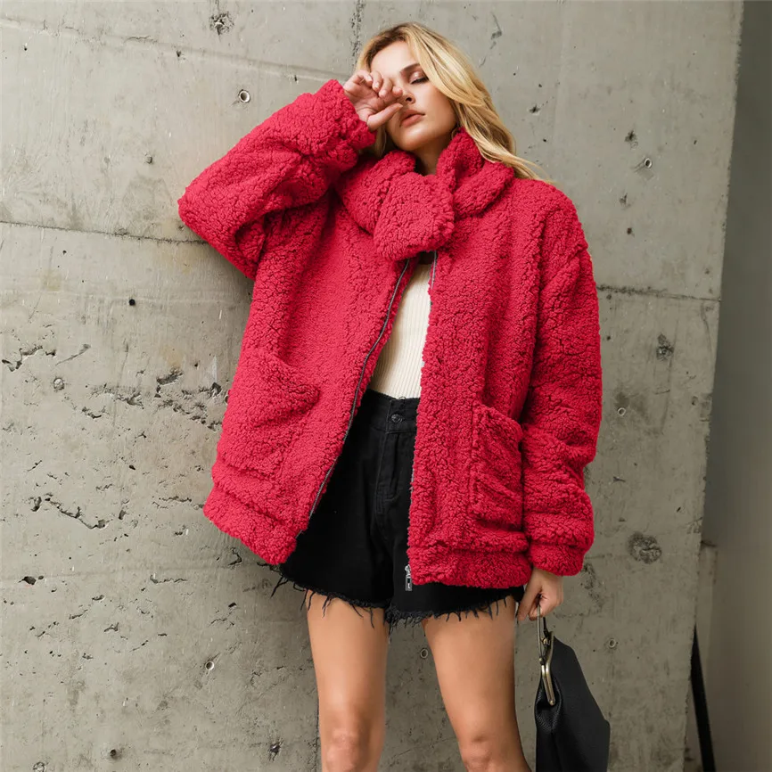 Женский Повседневный однотонный кардиган с карманами из искусственного меха