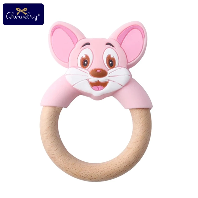 pink mouse ring 1 шт. Детские Прорезыватели силиконовая мышь грызуны Силиконовые Прорезыватели деревянное кольцо деревянный Прорезыватель коляска белка для детей товары игрушки - Цвет: pink mouse ring