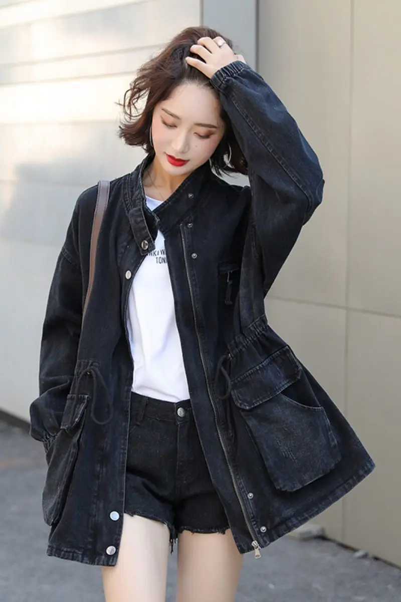 

Black Large Size Denim Jacket Women 2021 New Korean Loose Pleated Waist Mid-Length Vintage Spring Autumn Jeans