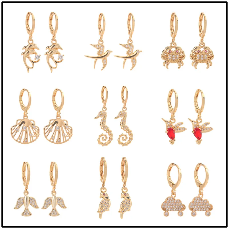 

Animal Stud Earrings For Women Hot Selling Dolphin Hummingbird Seagull Crab Gold Plated Earrings Fashion Female Earrings HT007
