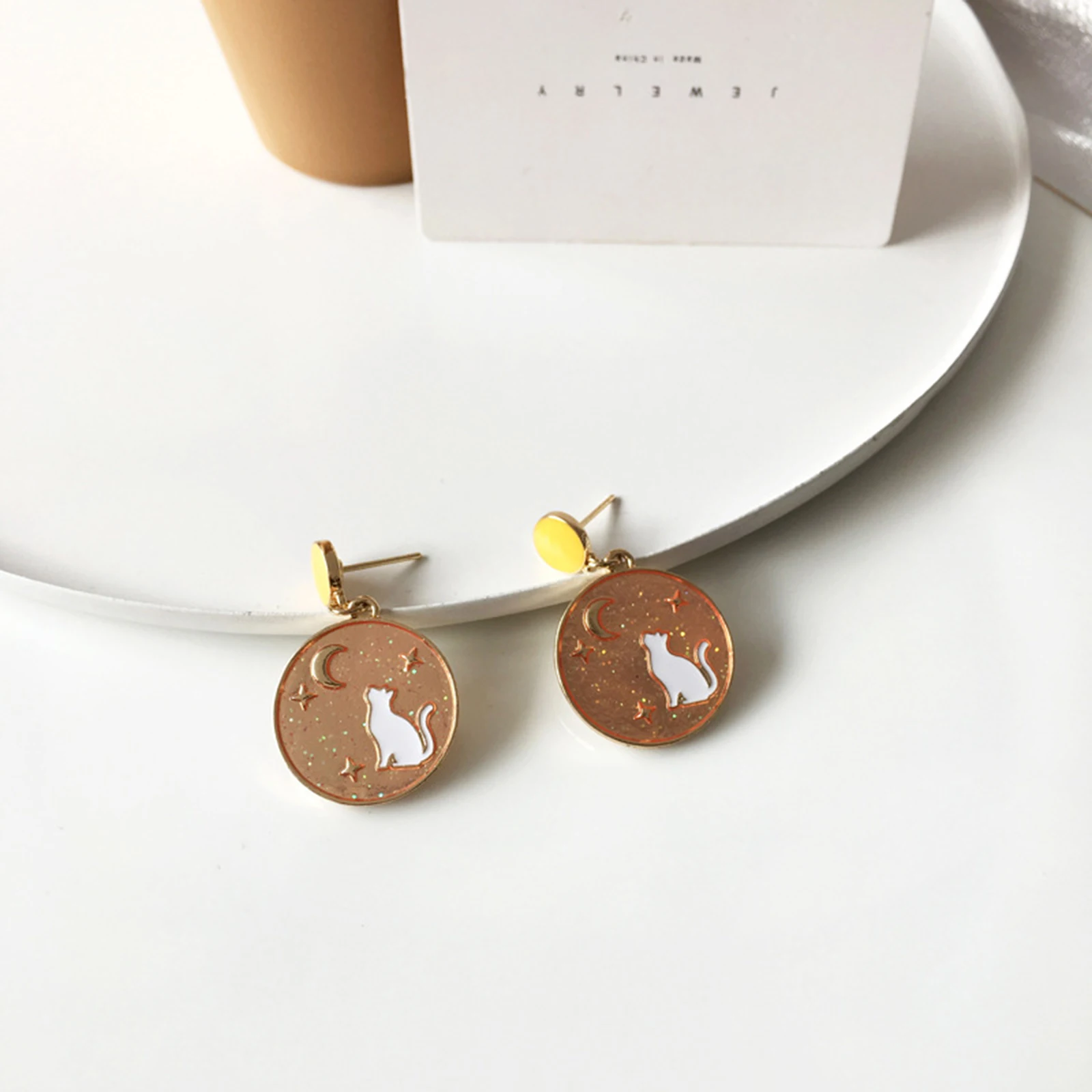 

Cute Earrings Gold Color Drop Pink & Blue Cat Round Enamel Earrings Women Girl Party Club Wedding Temperament Jewelry Gifts
