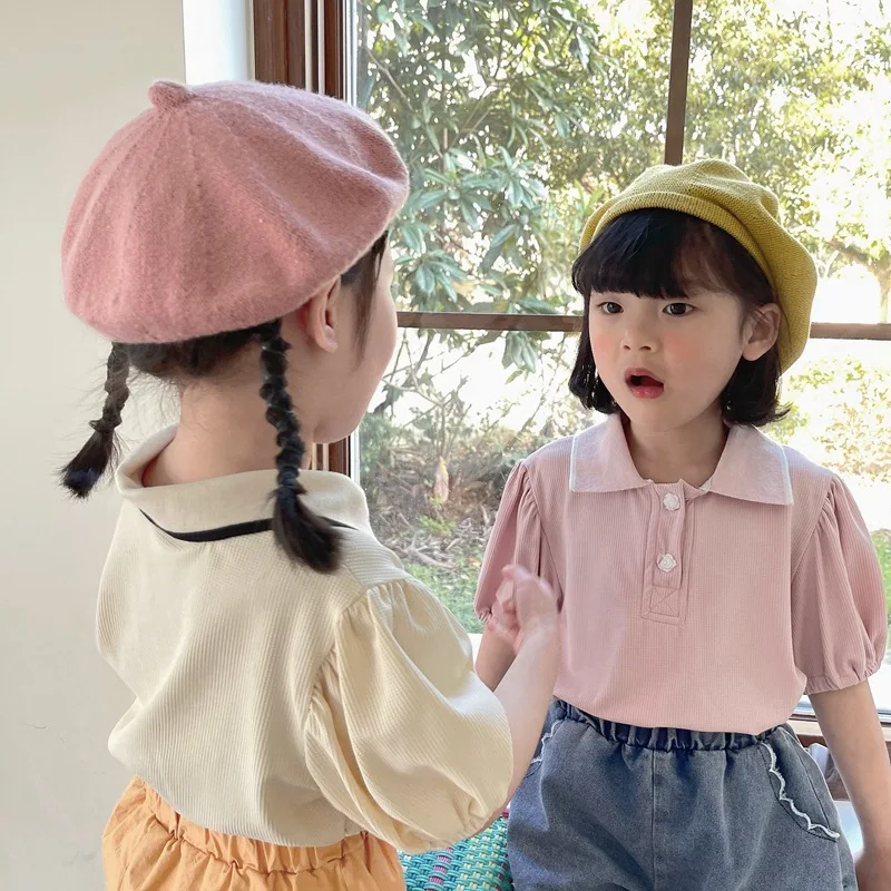 

Summer New Children Solid Color Shirt Girls Bubble Sleeve Lapel Casual Shirts Toddler Kids Cotton Casual T Shirt Tops