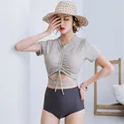 Женский купальник из двух частей с коротким рукавом, Одноцветный купальник, пуш-ап, танкини, корейский купальник с высокой талией, плиссированное бикини, с вырезами, для пляжа